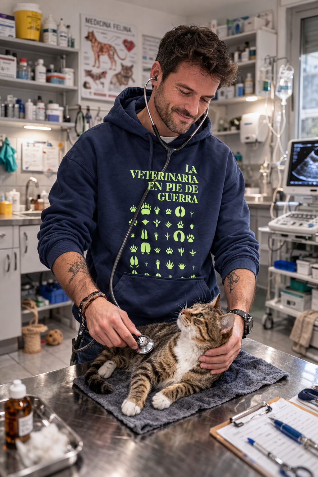 Veterinaria sonriente en clínica con sudadera verde oliva 'LA VETERINARIA EN PEU DE GUERRA' de Dogma BCN. Incluye estetoscopio y diseño de huellas. Ropa pet lover.