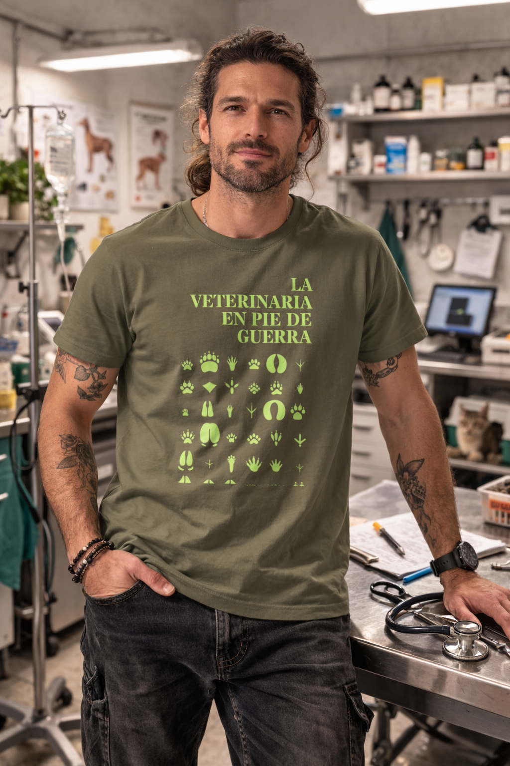 Hombre con tatuajes vistiendo camiseta verde caqui de Dogma BCN en una clínica veterinaria. El diseño muestra el lema 'LA VETERINARIA EN PEU DE GUERRA' con huellas de animales. Regalo ideal para veterinarios y pet lovers.