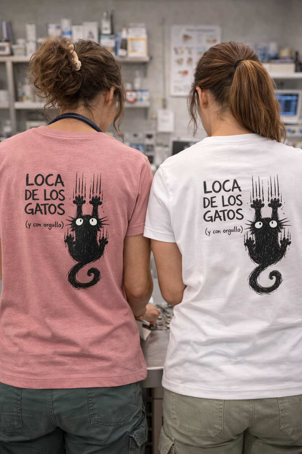 Dos chicas de espaldas vistiendo las camisetas 'Loca de los gatos (y con orgullo)' en colores rosa y blanco. Diseño de gato negro de Dogma BCN ideal para cat lovers y veterinarias.