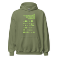 Sudadera con capucha de color verde oliva con el diseño reivindicativo 'LA VETERINARIA EN PEU DE GUERRA' y un patrón de huellas de diversos animales en color lima. Ropa para veterinarias y pet lovers de Dogma BCN.