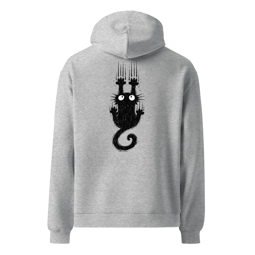 Sudadera unisex color gris con estampado de gato negro en la espalda. Ropa para amantes de los gatos de la marca Dogma BCN.