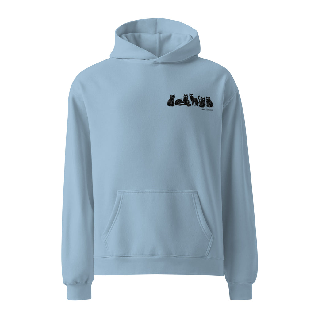 Vista frontal de la sudadera azul celeste con logotipo minimalista de Dogma BCN en el pecho. Sudadera cómoda para amantes de los animales.