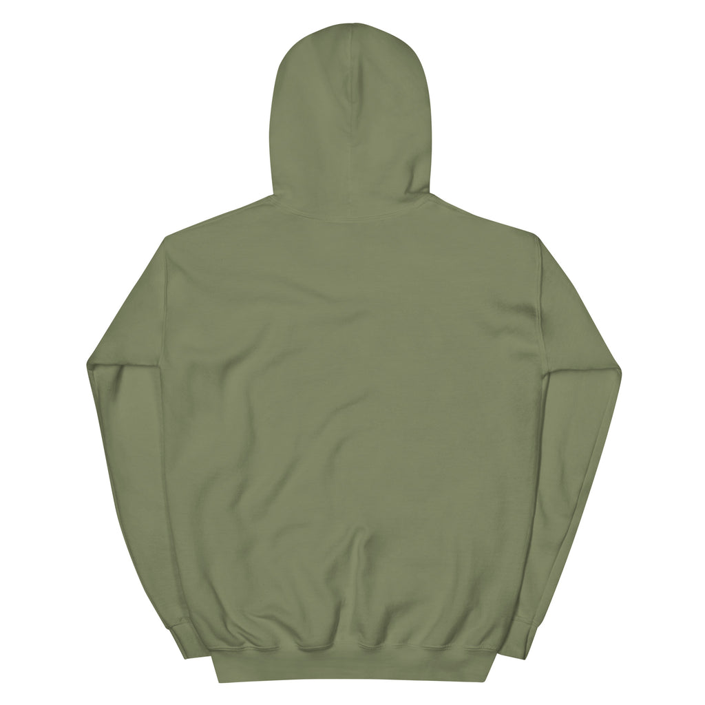 Sudadera verde oliva Dogma BCN vista por detrás. Prenda lisa y casual para amantes de los animales y profesionales de la veterinaria. Ropa pet lover de alta calidad.
