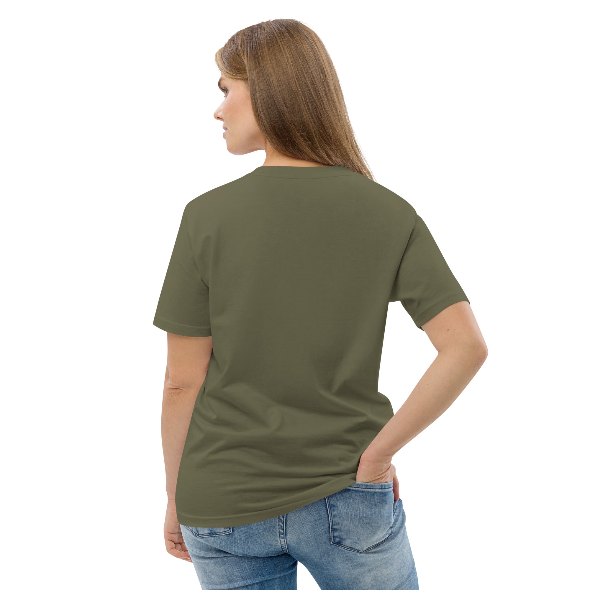 Vista posterior de la camiseta verde oliva de Dogma BCN para veterinarias. Espalda lisa de algodón de alta calidad con corte cómodo para profesionales y pet lovers.